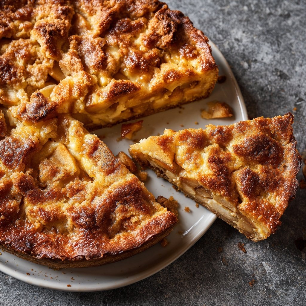 Traditioneller Apfelkuchen mit Pudding und Zimtstreuseln