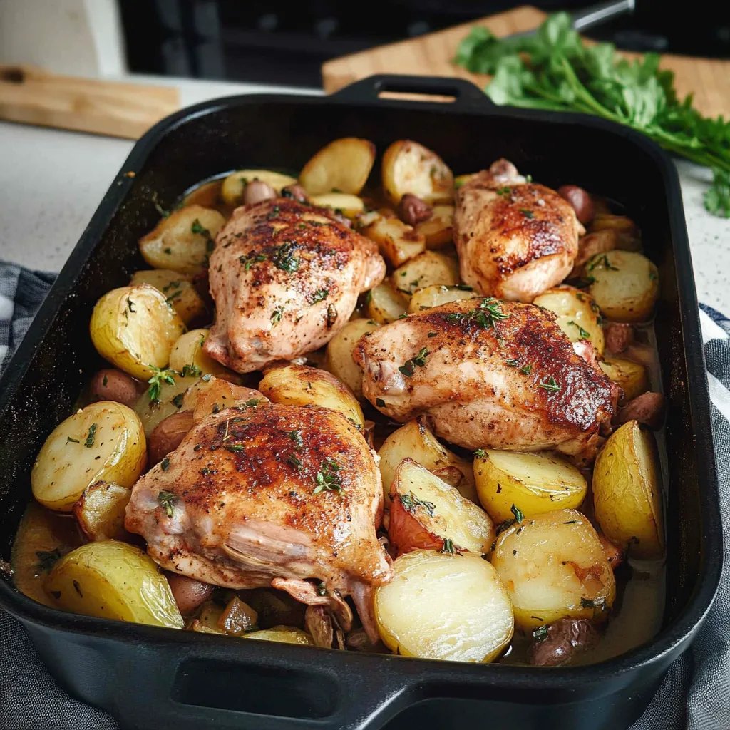 Hähnchenschenkel mit Gemüse und Kartoffeln aus dem Ofen